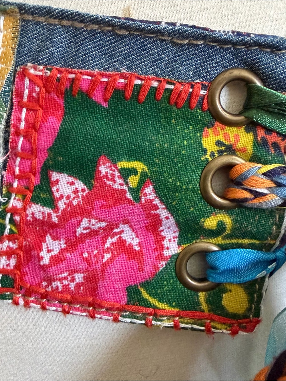 Handmade Boho Patchwork Denim Belt Art Ribbon Lace Up Festival OOAK - Picture 3 of 15